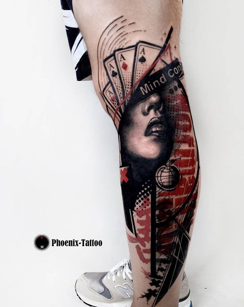 喜爱纹身图片_腿部Trash polka纹身图案