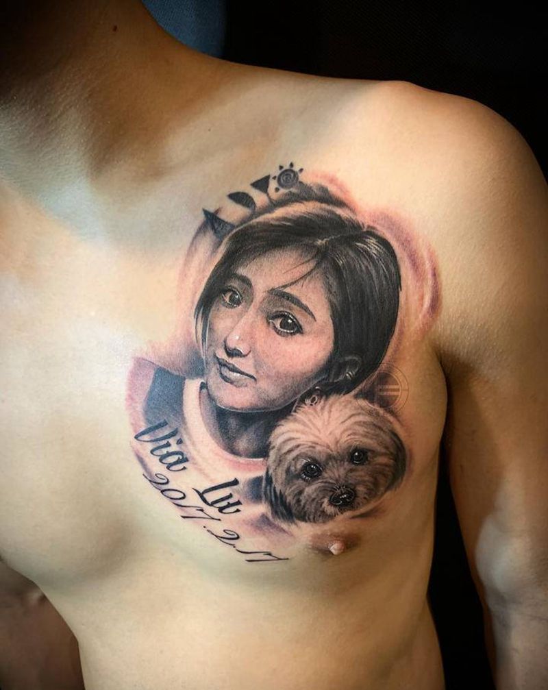 肖像纹身图片_胸部欧美写实肖像狗纹身图案