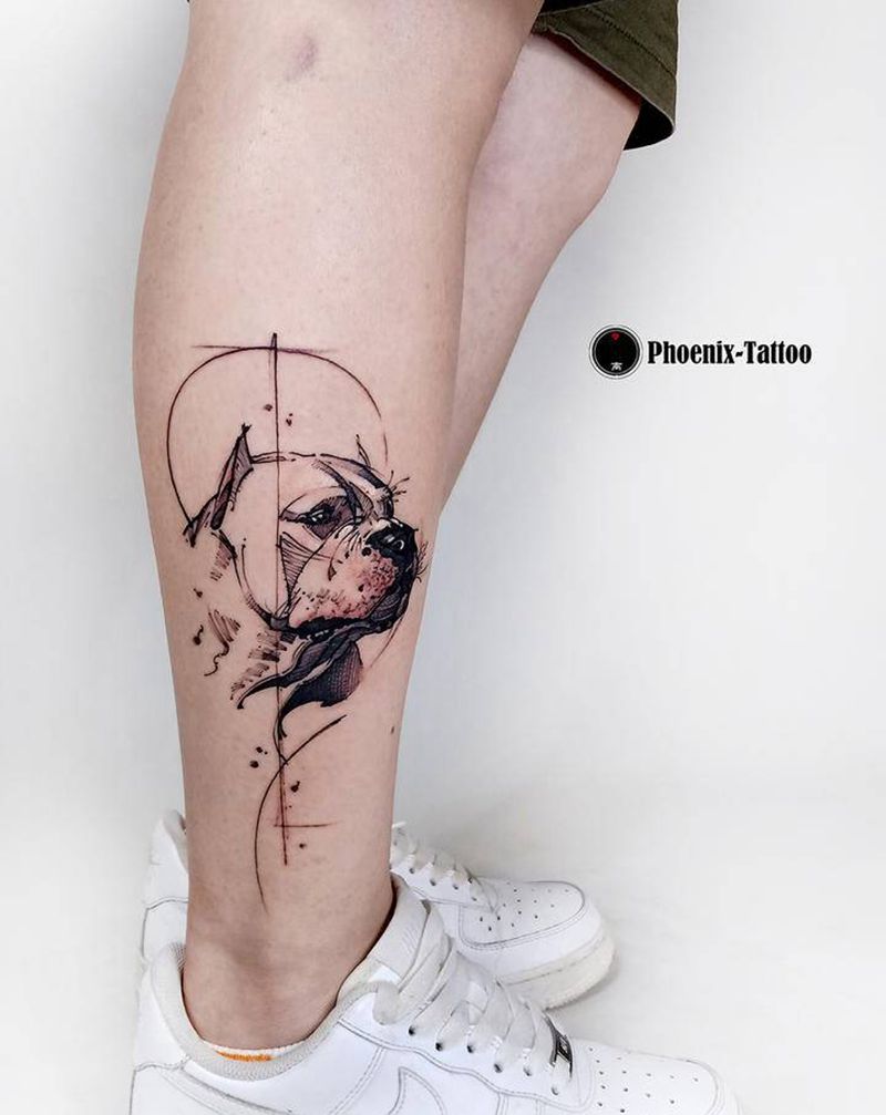 狗纹身图片_腿部几何纹身图案