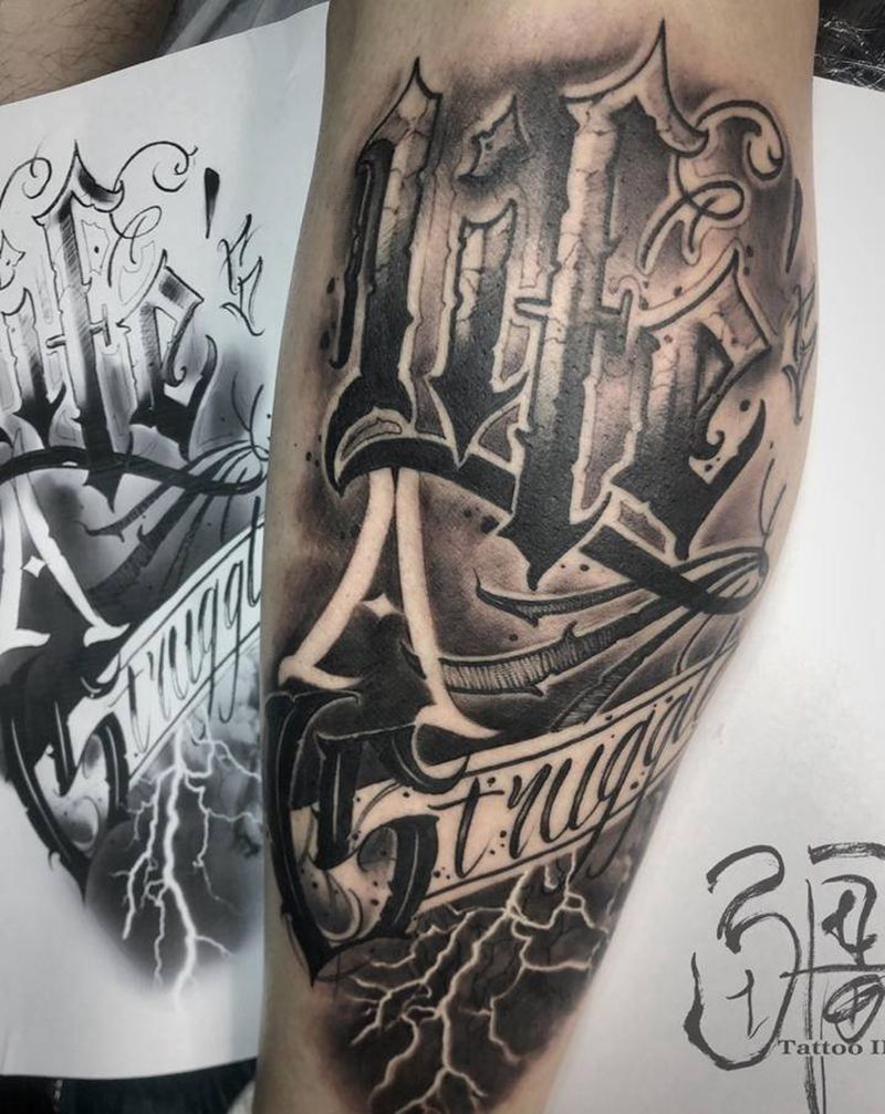 生活就像一場鬥爭纹身图片_腿部脚部花体字纹身图案