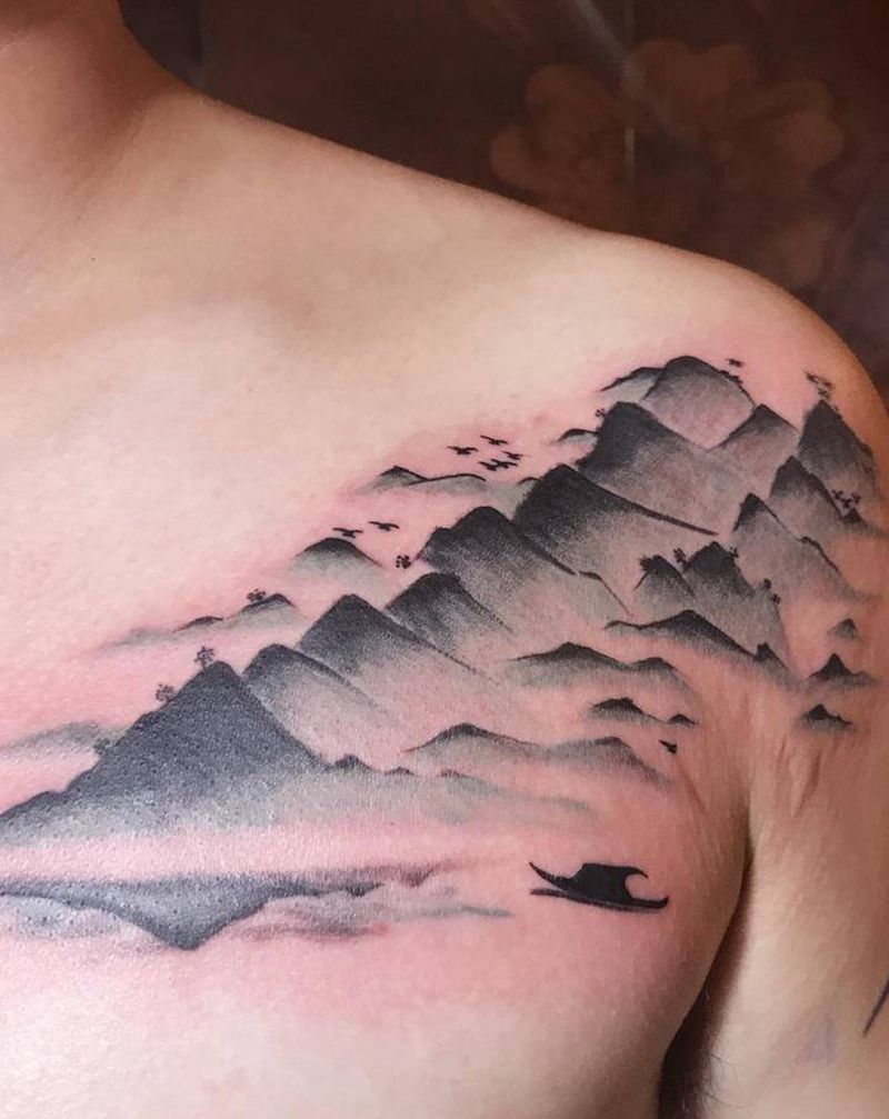山水2纹身图片_颈部胸部纹身图案