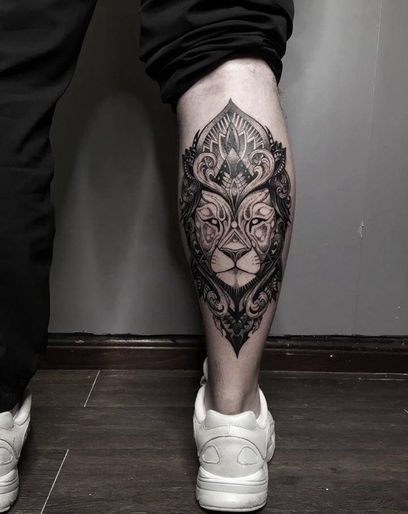 狮子纹身图片_腿部欧美写实图腾纹身图案