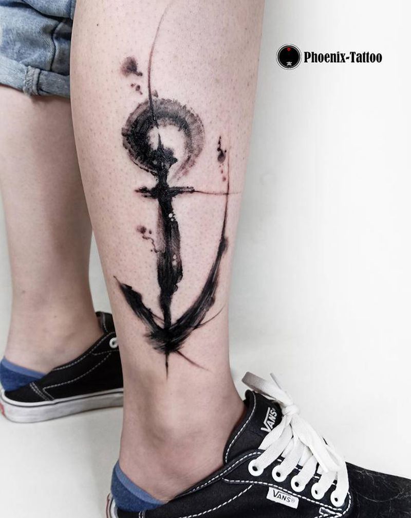 水墨 | 船锚纹身图片_腿部水墨纹身图案