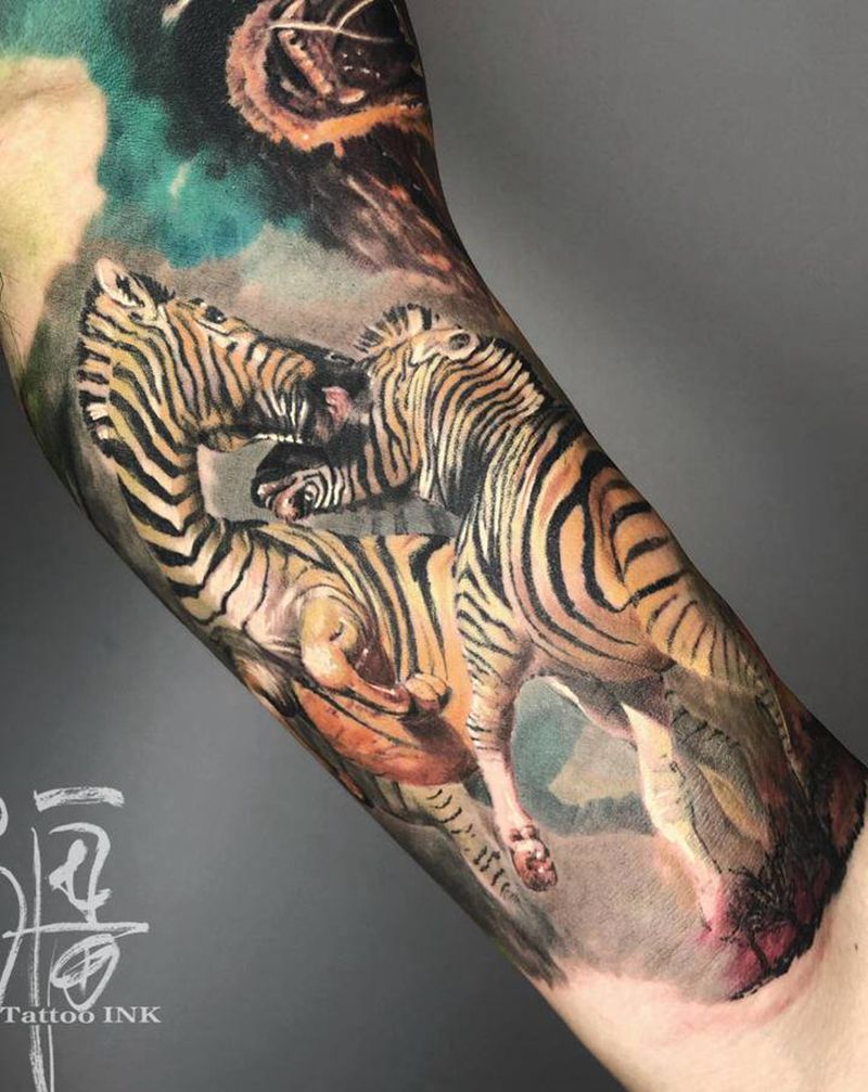 斑馬纹身图片_手臂欧美写实水彩动物纹身图案