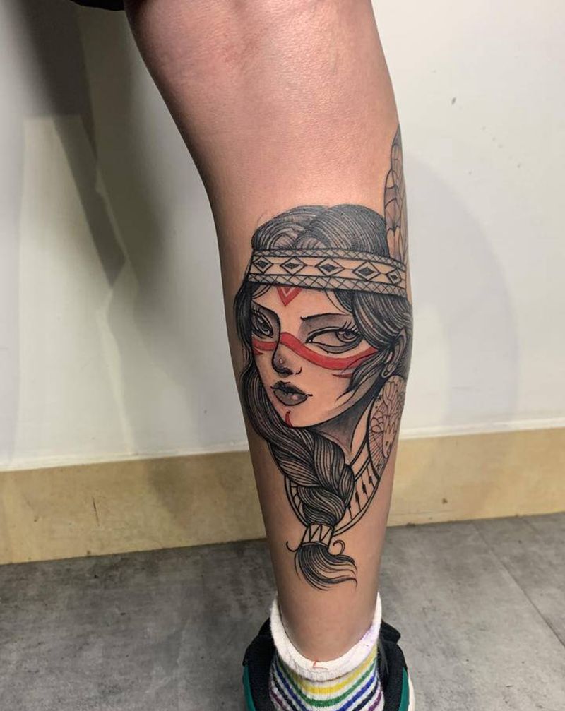 印地安女郎纹身图片_脚部腿部New School纹身图案