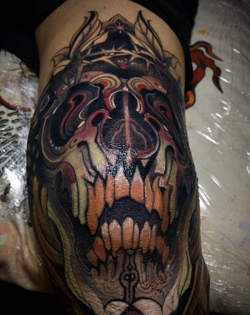 骷髅头纹身图片_腿部New School纹身图案