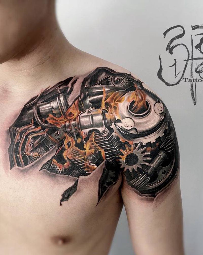 机械纹身图片_胸部手臂欧美写实机械纹身图案