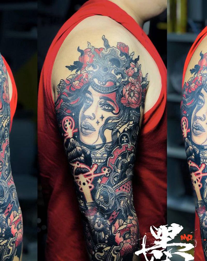 包臂系列纹身图片_手臂New School水彩纹身图案