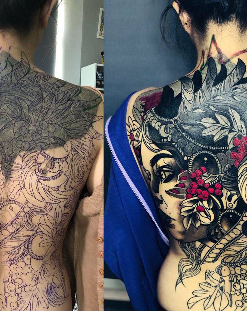 #满背纹身#暂时完成60%纹身图片_背部New School欧美写实纹身图案