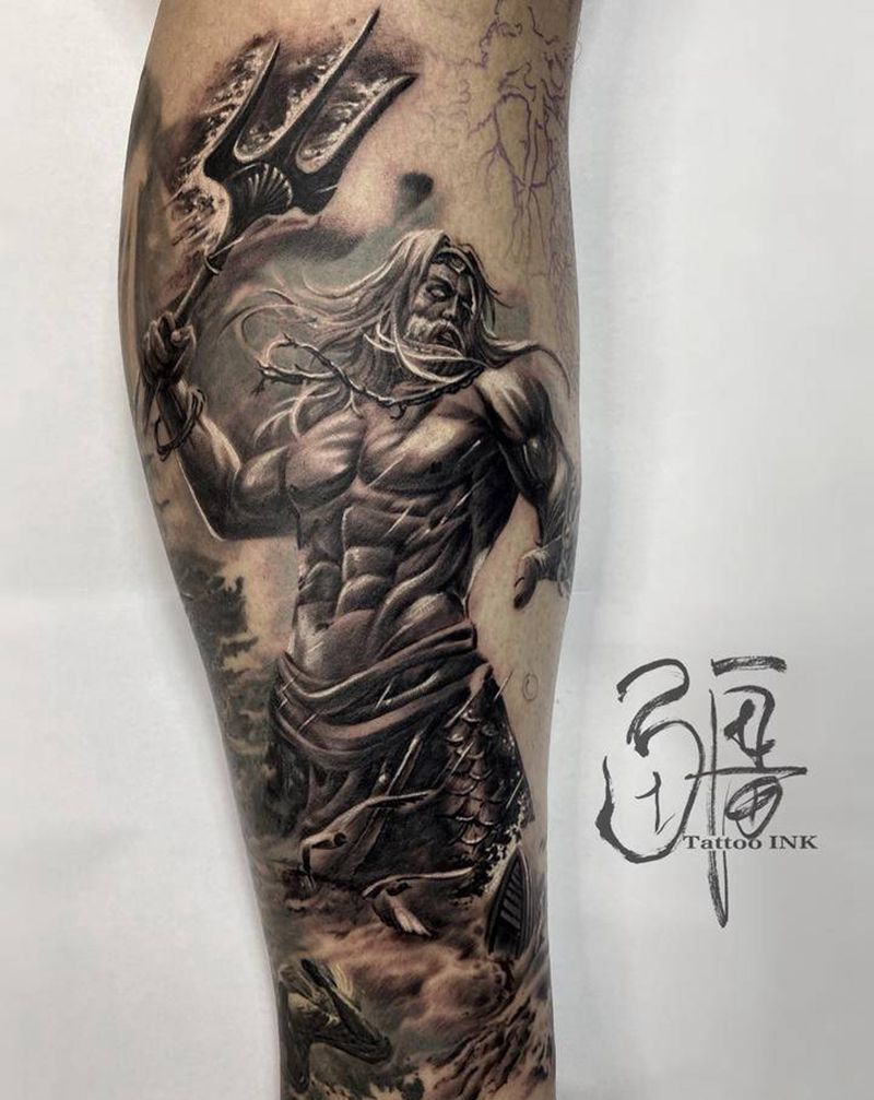 海王纹身图片_腿部脚部欧美写实纹身图案