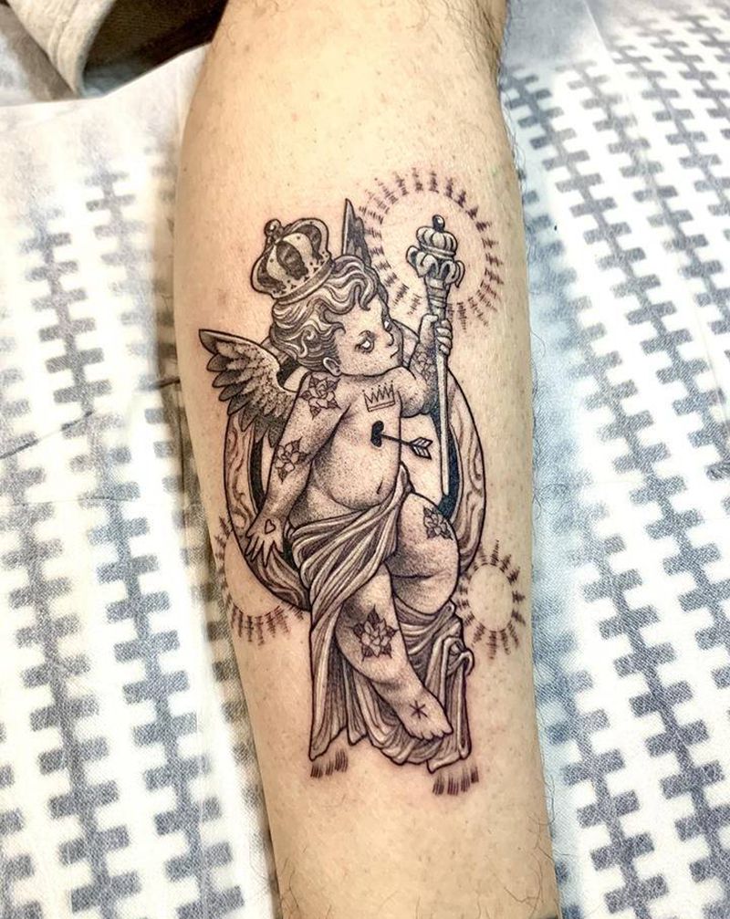 ins小天使纹身图片_腿部脚部欧美写实New School天使纹身图案