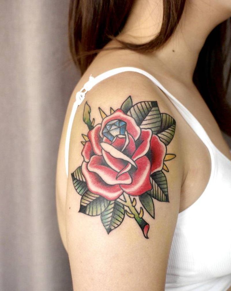 玫瑰花纹身图片_手臂手部New SchoolOld School玫瑰花钻石纹身图案