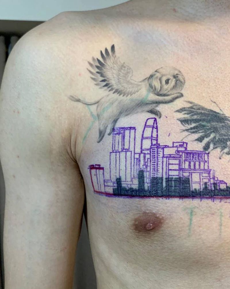 风景写实遮盖纹身图片_胸部腰部欧美写实几何建筑纹身图案