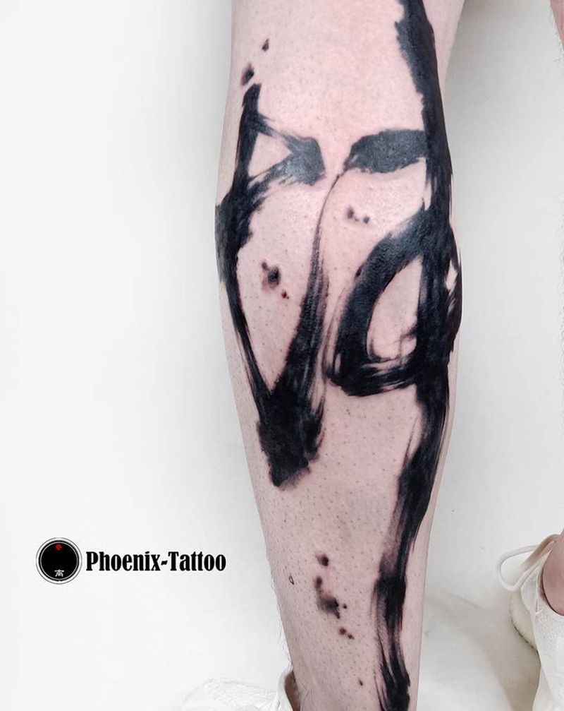 书法纹身图片_腿部水墨纹身图案