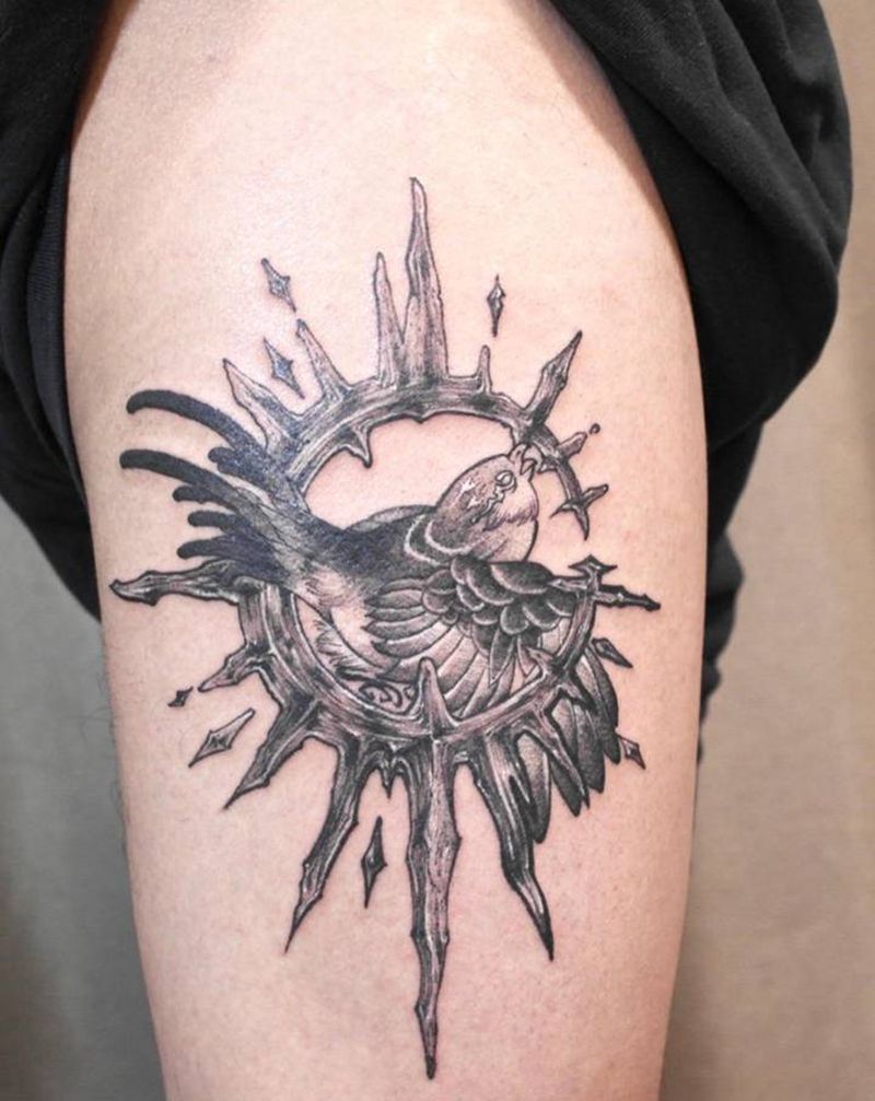 月亮➕鸟纹身图片_腿部臀部新传统New School鸟月亮纹身图案