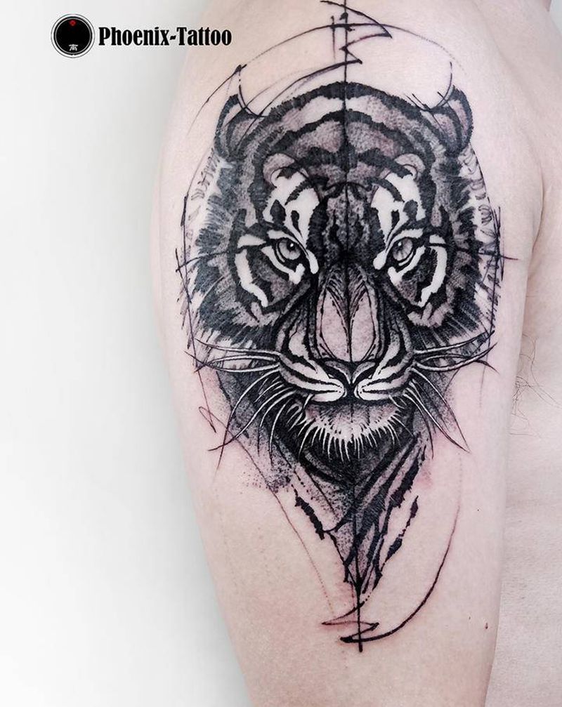 老虎纹身图片_手臂点刺手绘纹身图案