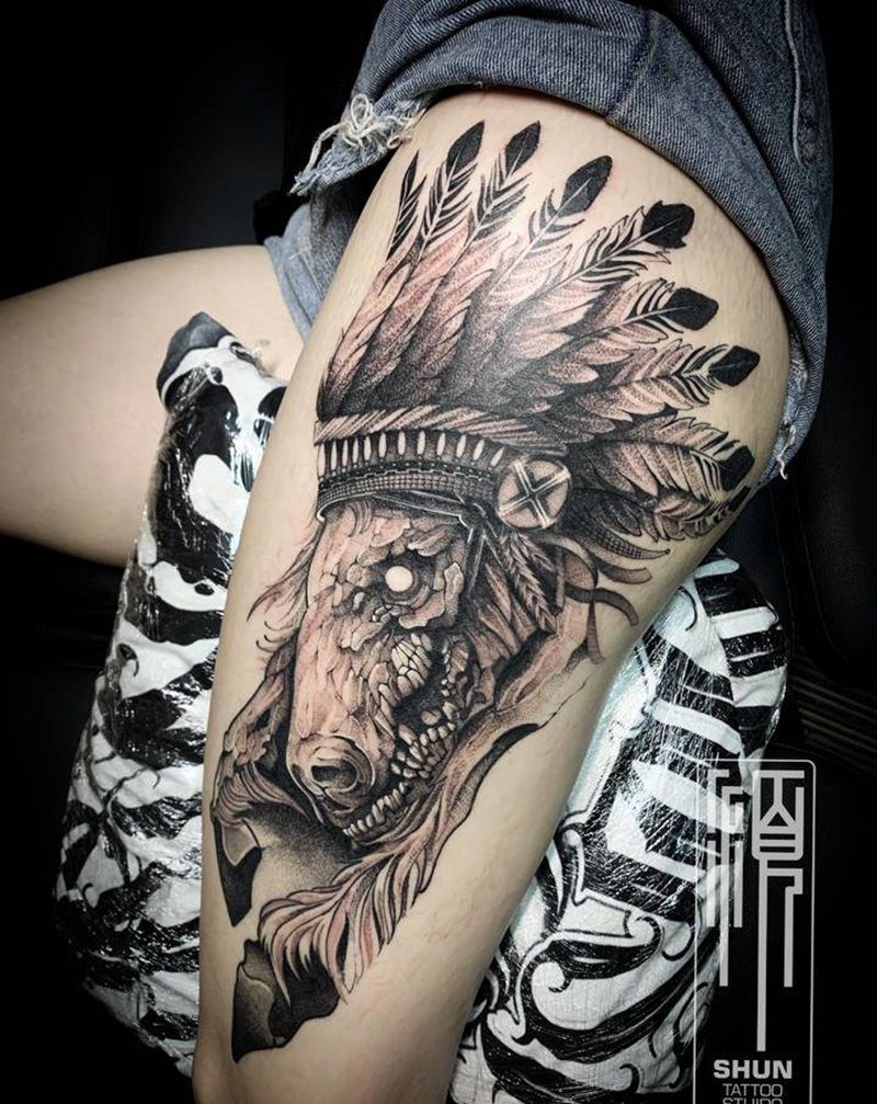 小马儿～纹身图片_腿部臀部欧美写实暗黑纹身图案