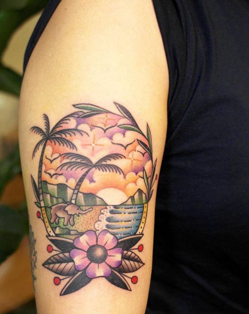 old school纹身图片_臀部手臂Old School大象椰子树海滩纹身图案