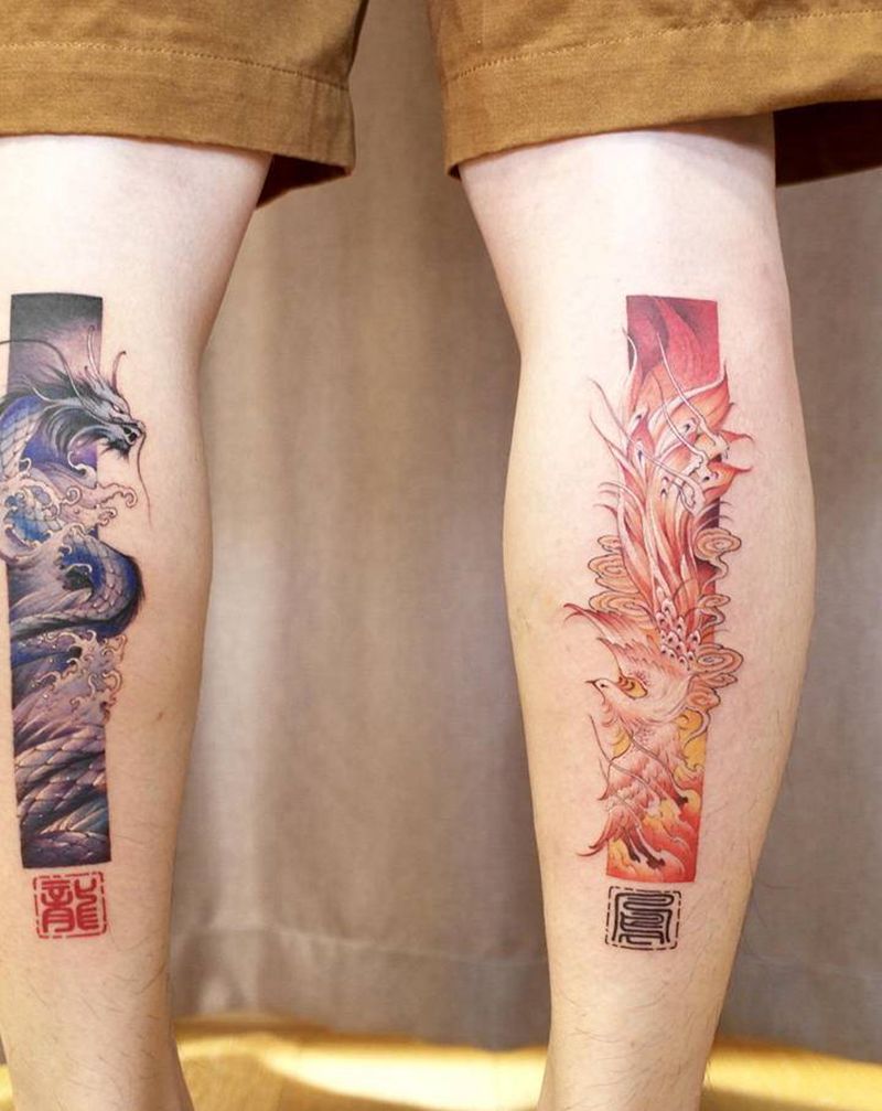 龙  凤纹身图片_腿部脚部新传统水彩龙凤纹身图案