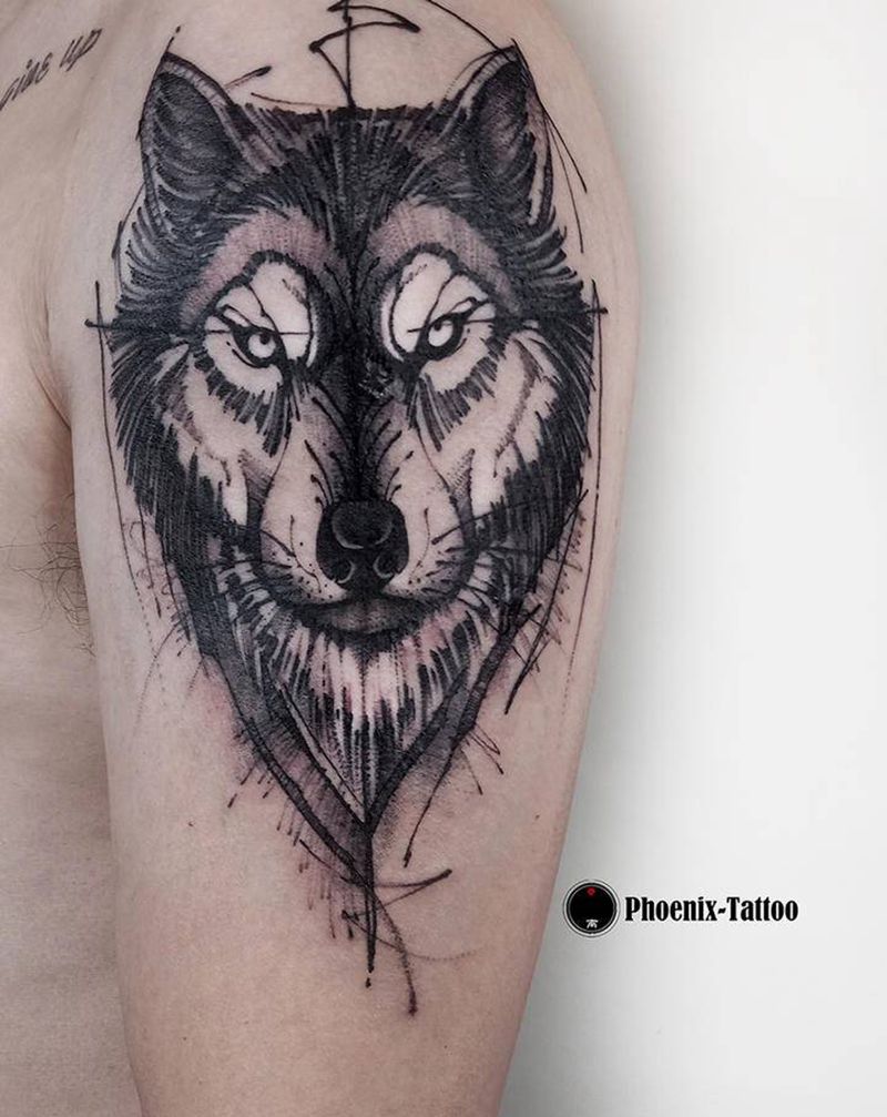 手绘 | 狼纹身图片_手臂点刺手绘纹身图案