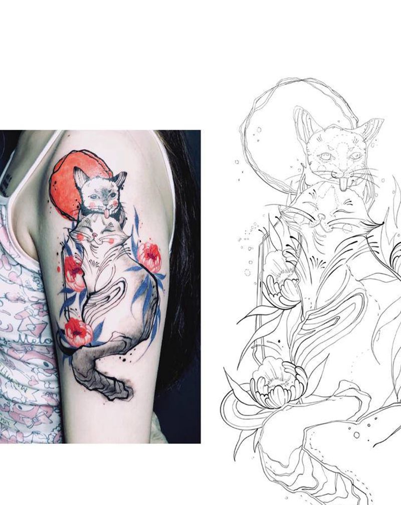 猫与花纹身图片_手臂New School水彩纹身图案