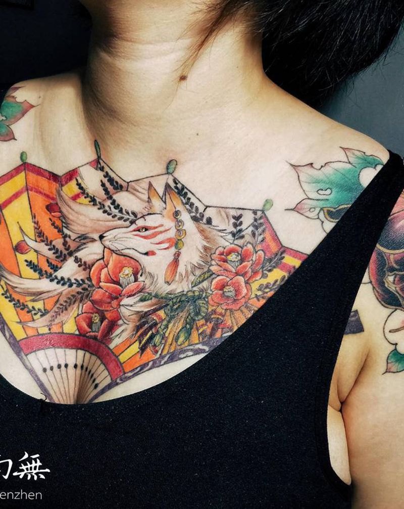 九尾扇子纹身图片_胸部New School新传统纹身图案