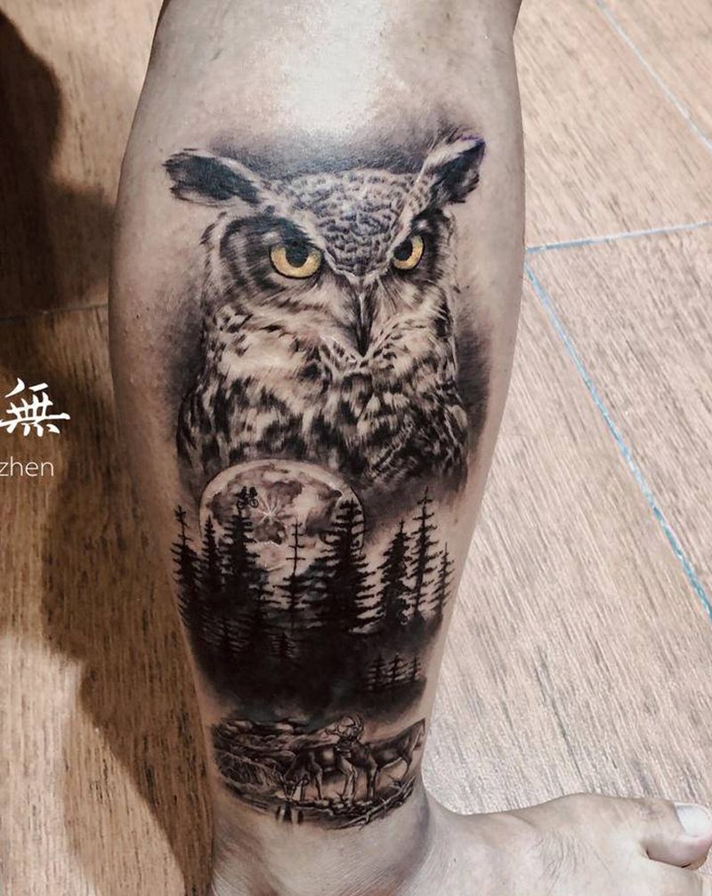 猫头鹰纹身图片_腿部欧美写实纹身图案