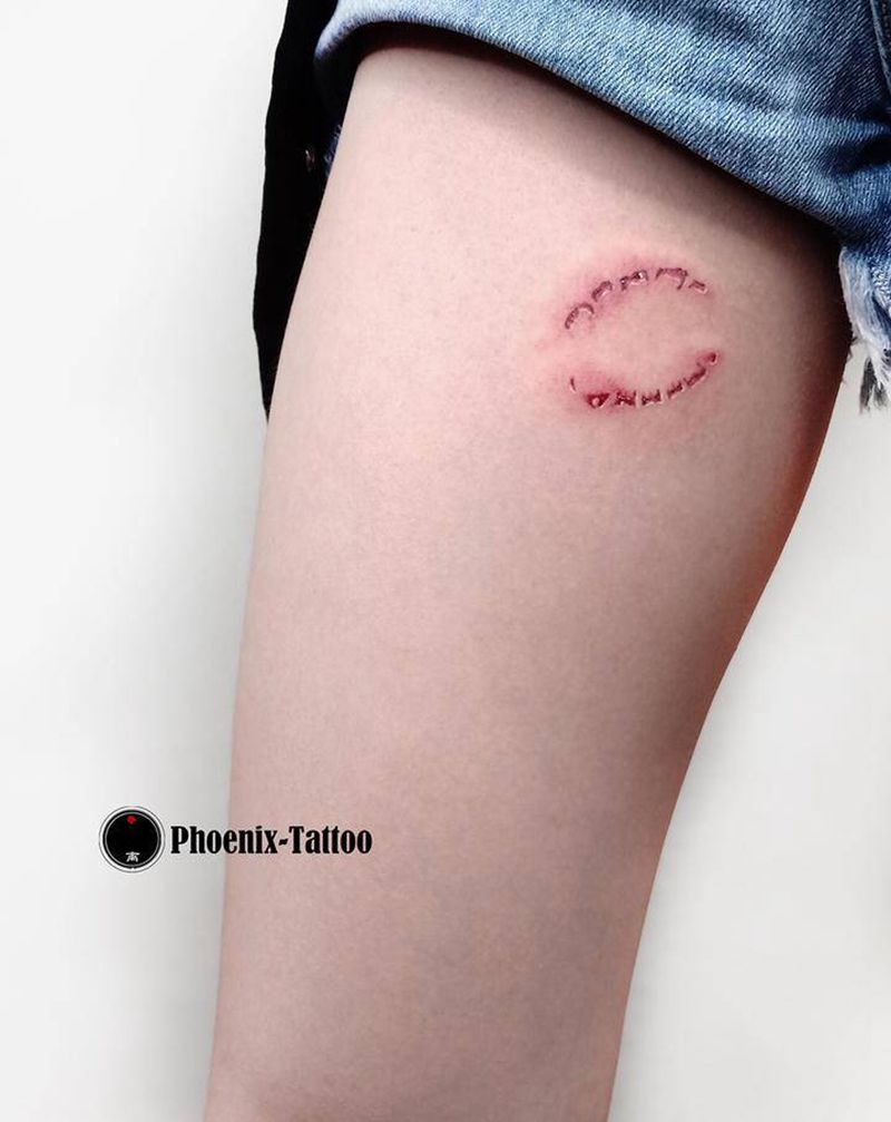 牙印纹身图片_腿部小清新纹身图案