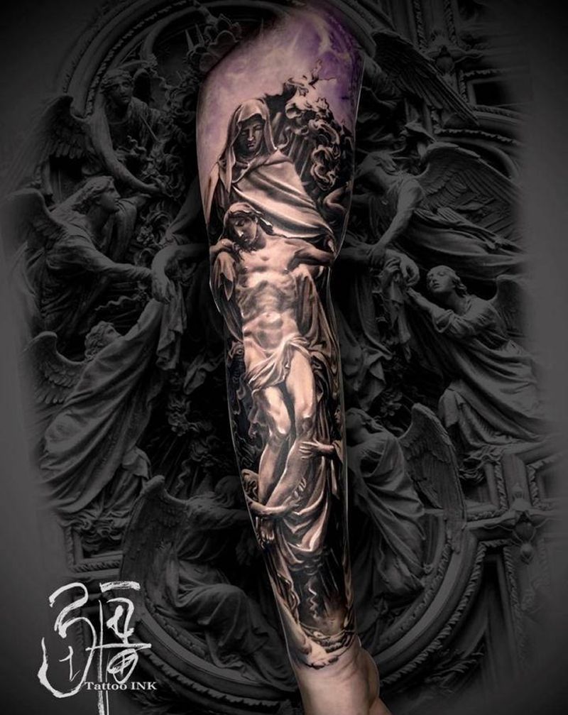 石雕纹身图片_手臂手部欧美写实纹身图案