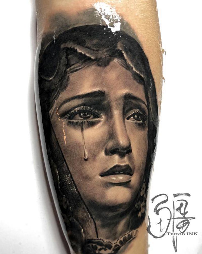 哭泣的圣母纹身图片_手臂手部欧美写实纹身图案