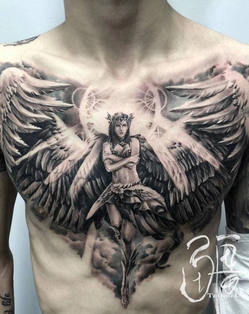 天使纹身图片_胸部纹身图案