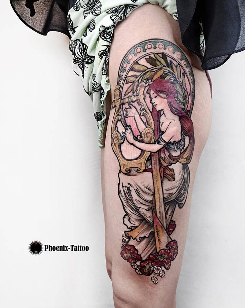 穆夏纹身图片_腿部New School纹身图案