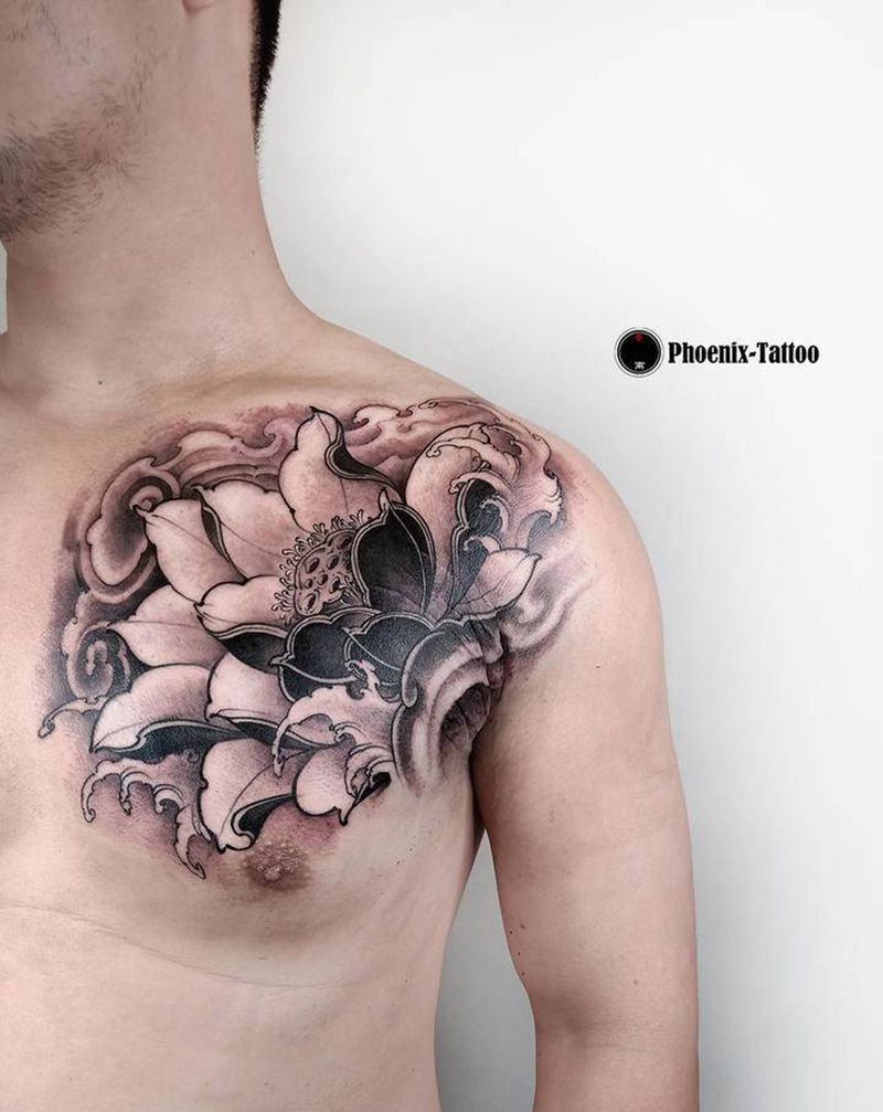 莲花纹身图片_胸部老传统纹身图案