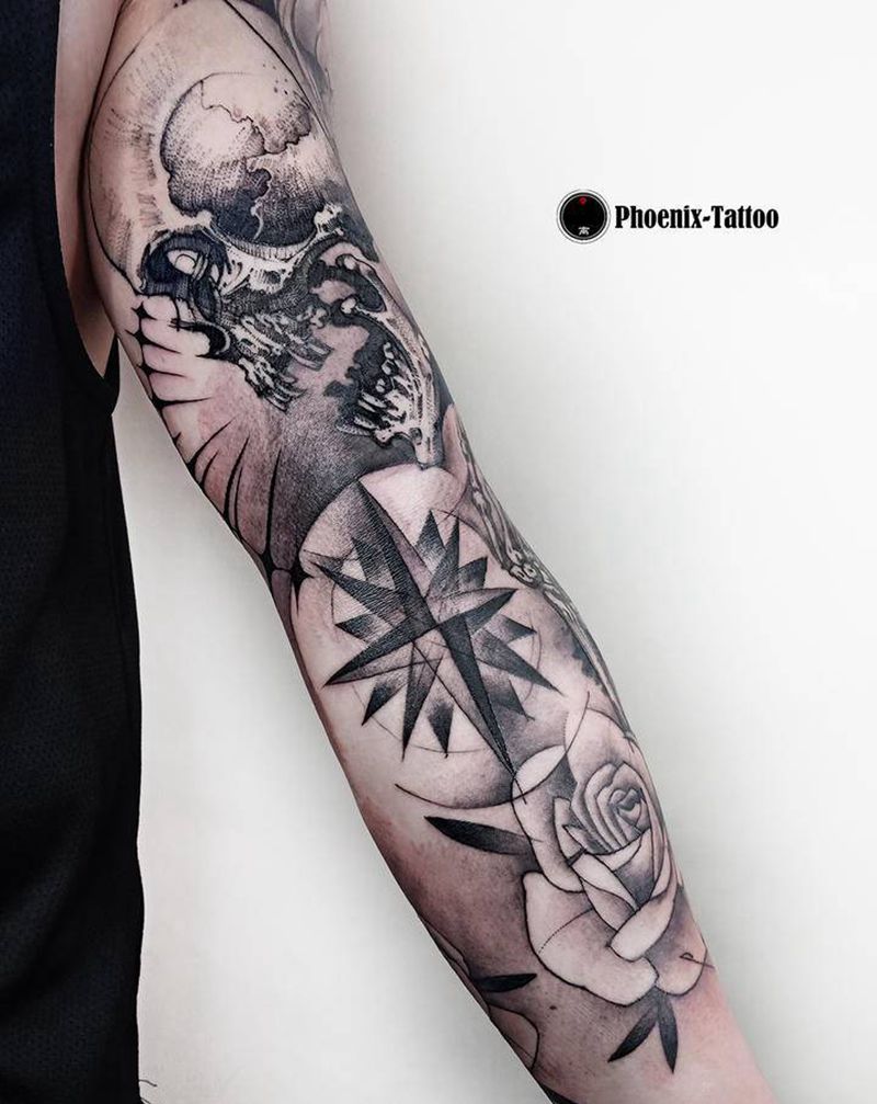轮回纹身图片_手臂欧美写实狼骷髅花纹身图案
