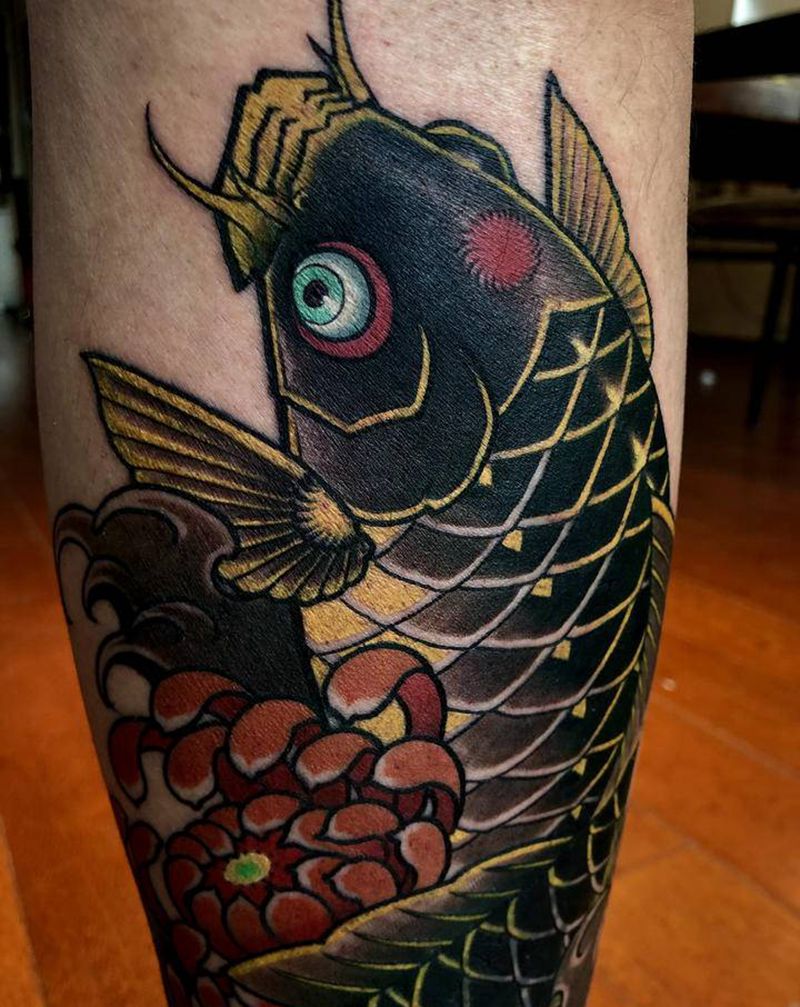 鲤鱼遮盖作品、纹身图片_腿部腹部老传统新传统纹身图案