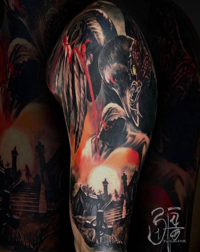 烏鴉纹身图片_手臂手部欧美写实纹身图案