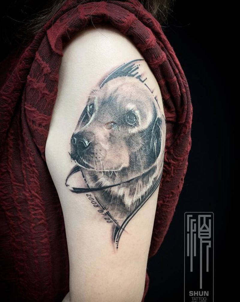 原创写实金毛纹身图片_手臂欧美写实纹身图案