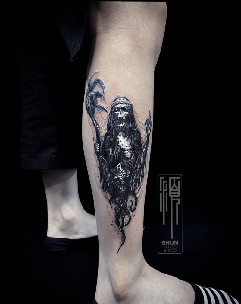 暗黑系纹身图片_腿部纹身图案