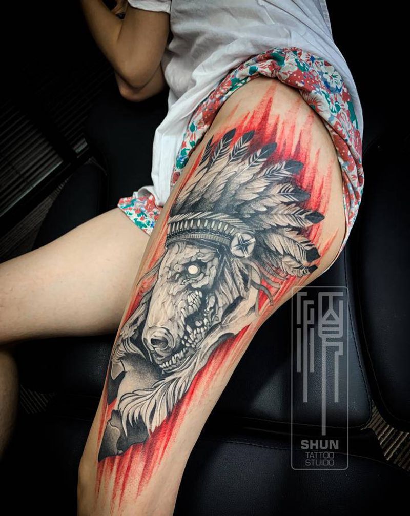 印第安亡灵马儿，完成纹身图片_腿部臀部欧美写实纹身图案