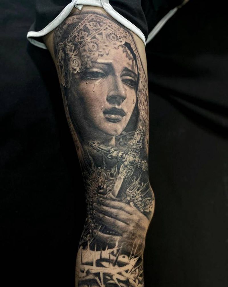 圣母纹身图片_腿部欧美写实纹身图案