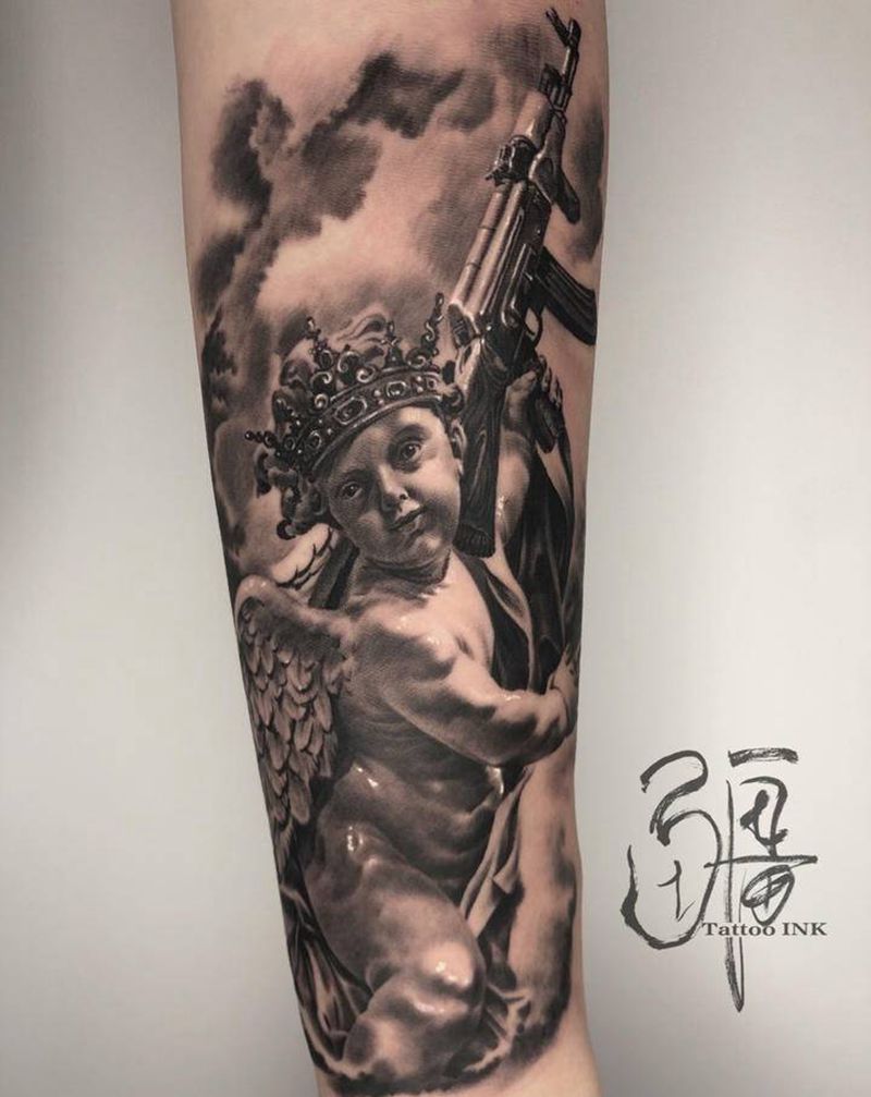 AK丘比特纹身图片_手臂手部欧美写实纹身图案