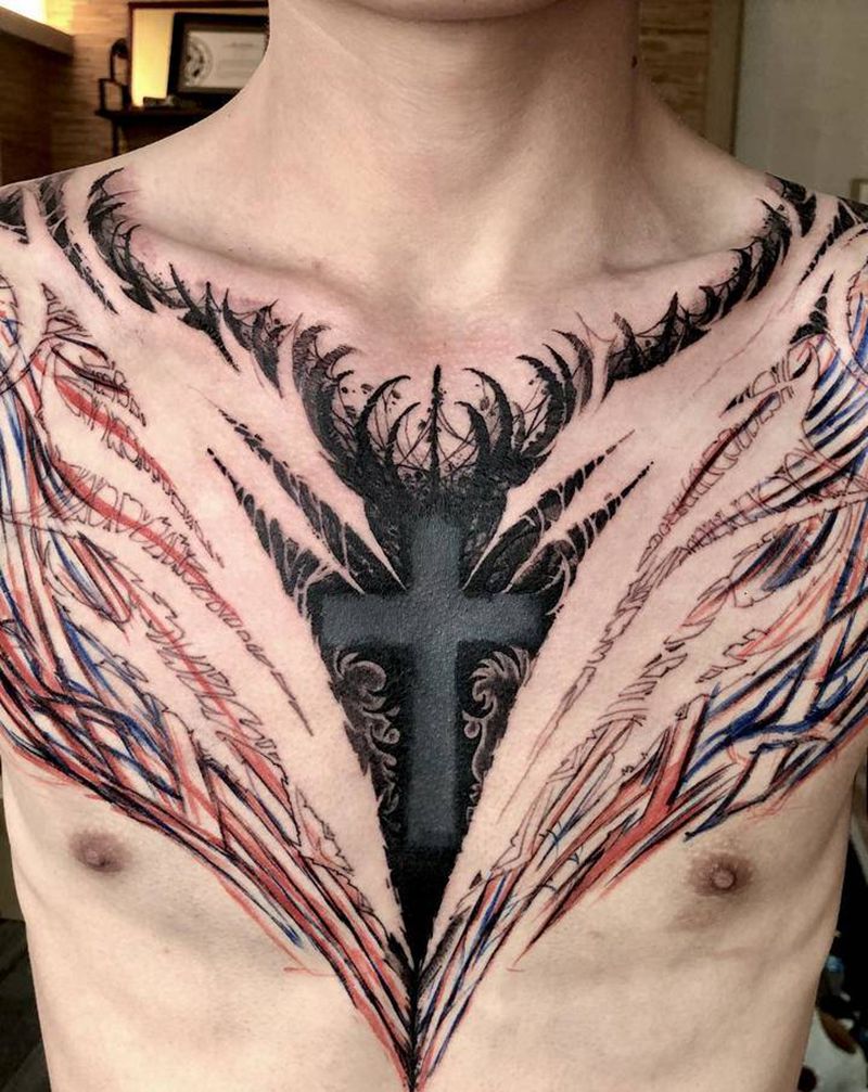 帅气花臂帅气花胸纹身图片_胸部欧美写实花体字纹身图案