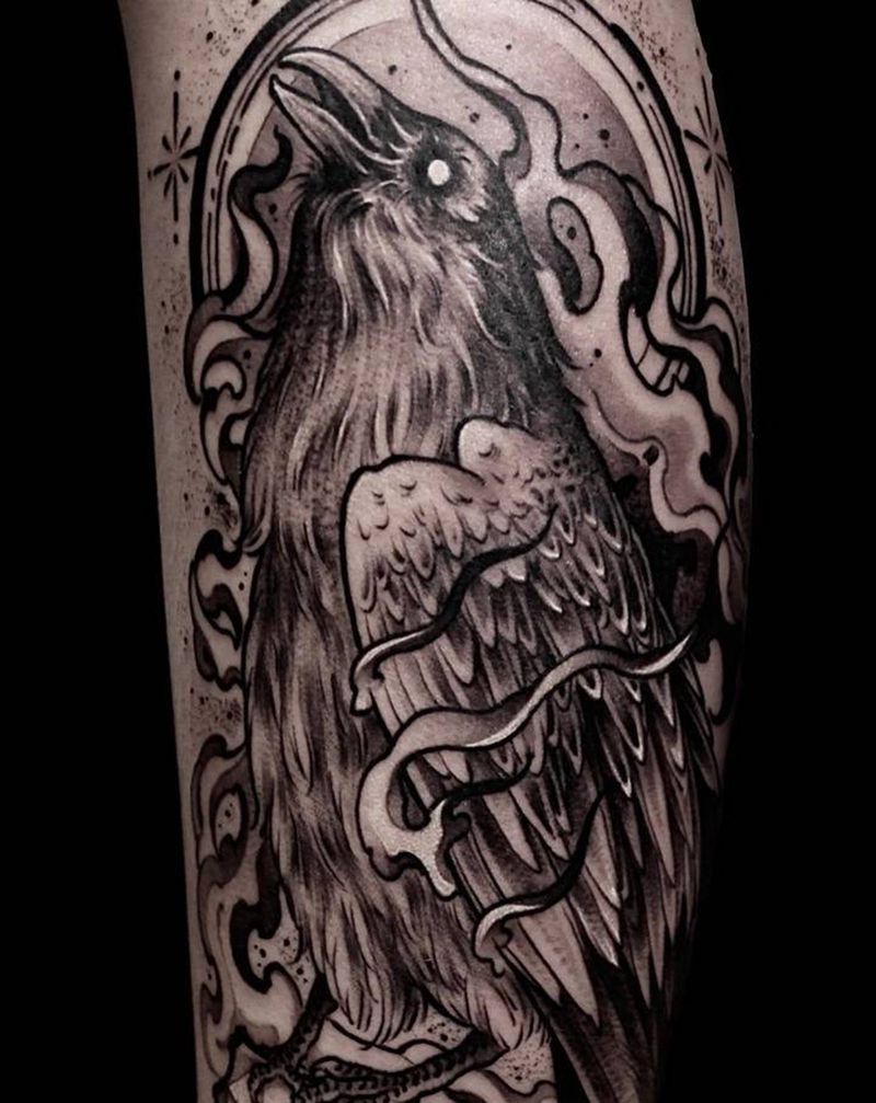 暗黑系乌鸦纹身图片_腿部New School纹身图案