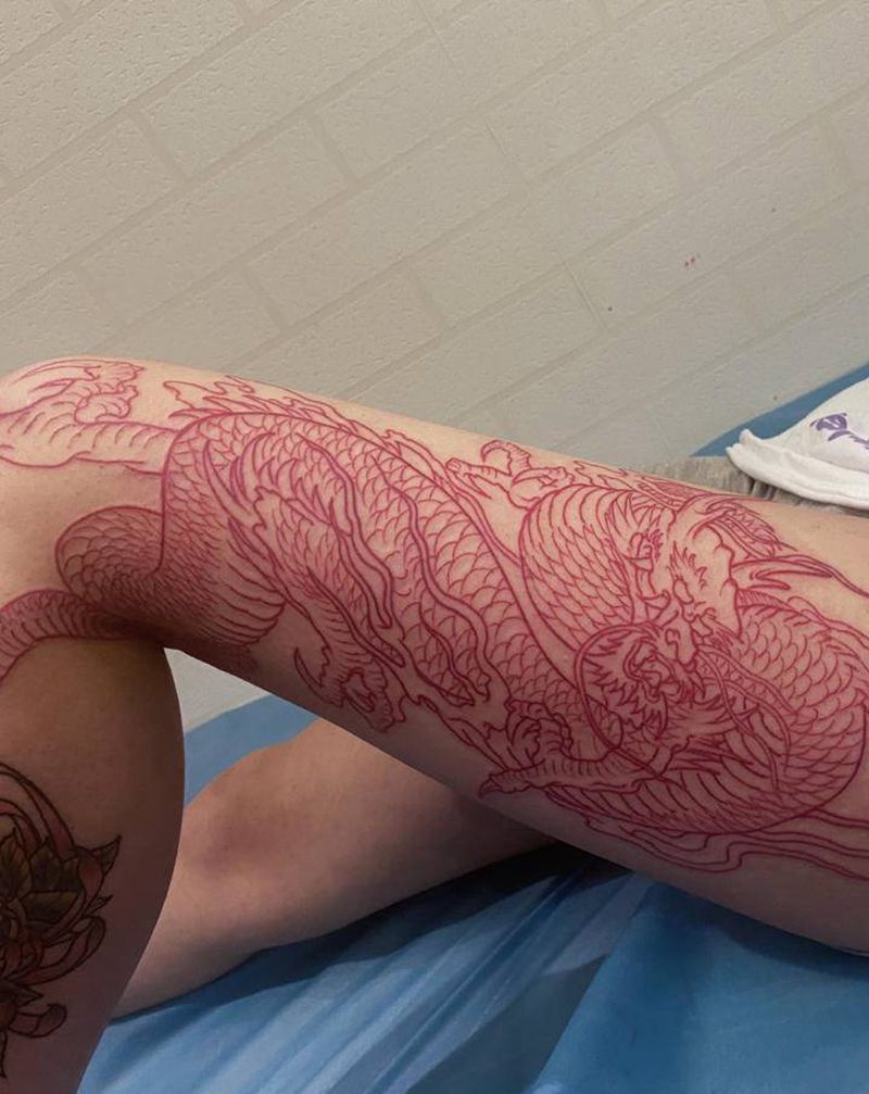 线条龙纹身图片_腿部老传统纹身图案