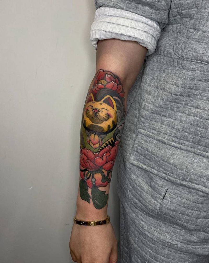 卡通猫纹身图片_手臂老传统纹身图案