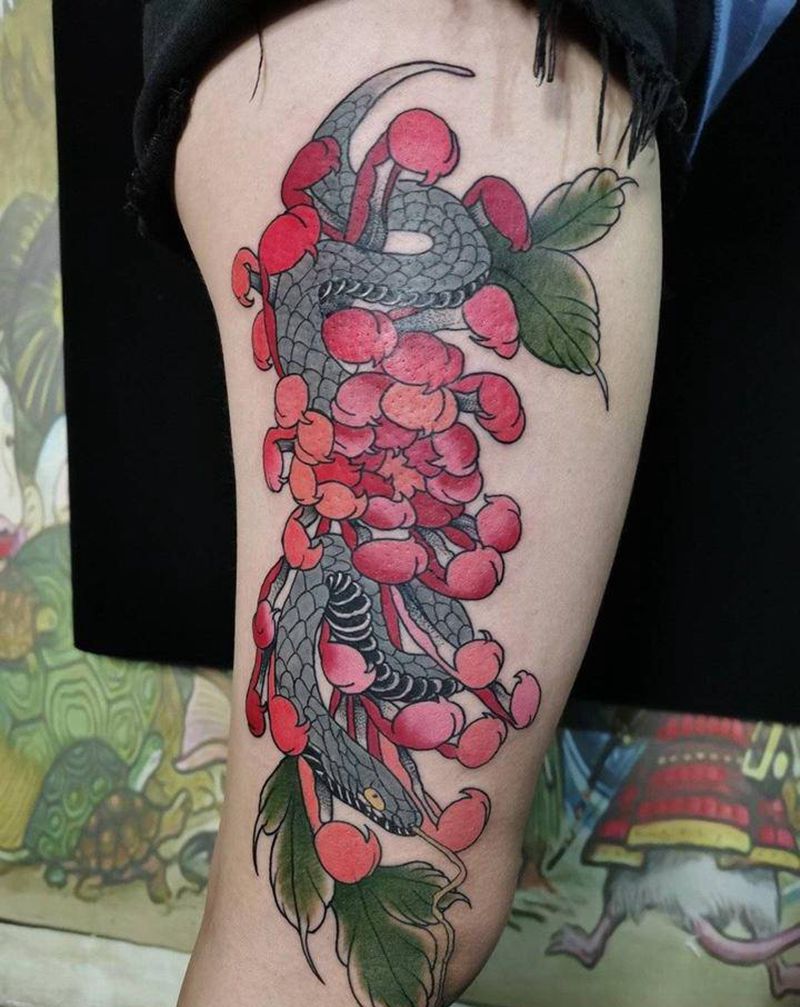 菊花纹身图片_腿部纹身图案