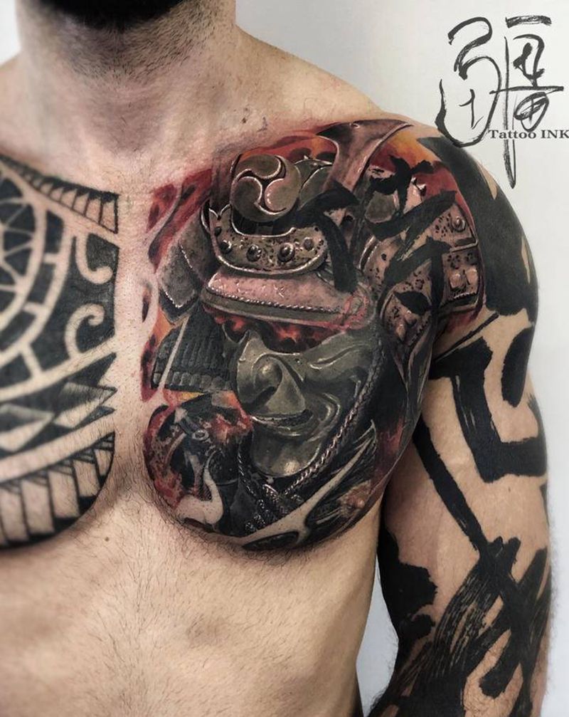 侍纹身图片_胸部肩部欧美写实鬼武士日式纹身图案