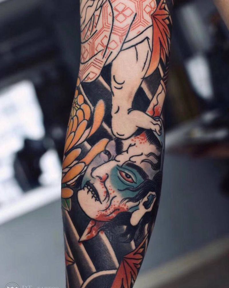 花臂-局部纹身图片_手臂老传统纹身图案