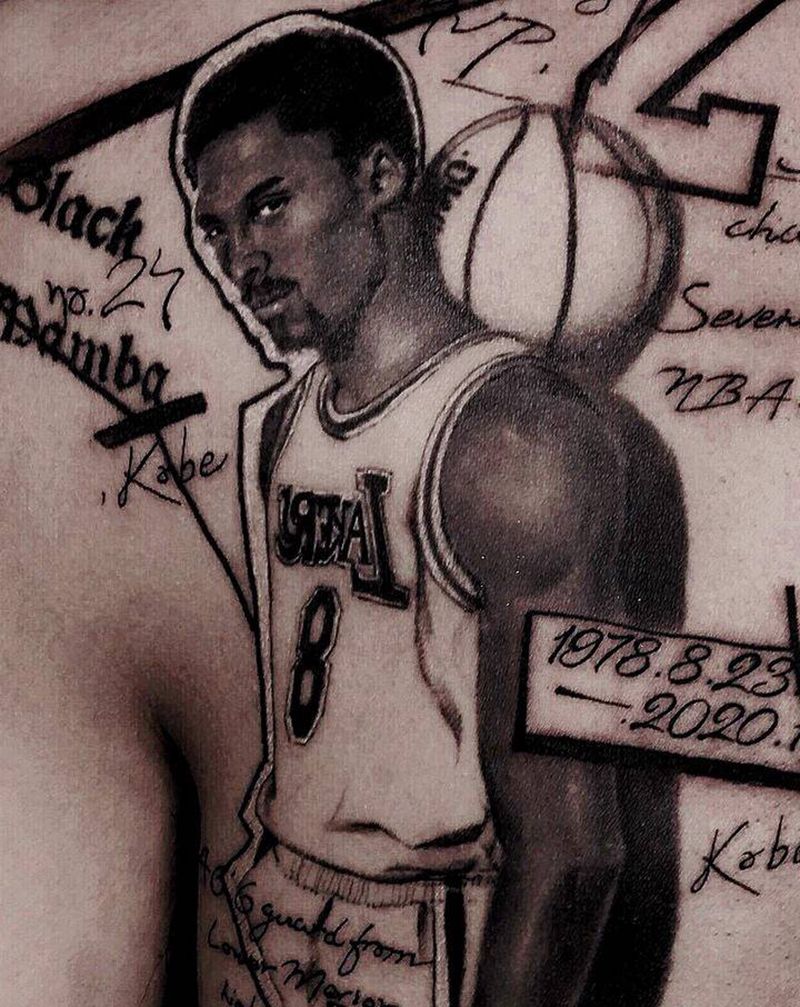 科比纹身图片_背部欧美写实科比纹身图案