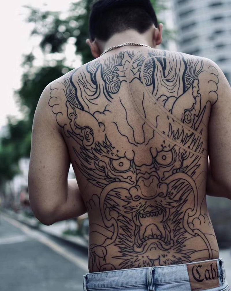 满背-龙线条纹身图片_新传统纹身图案